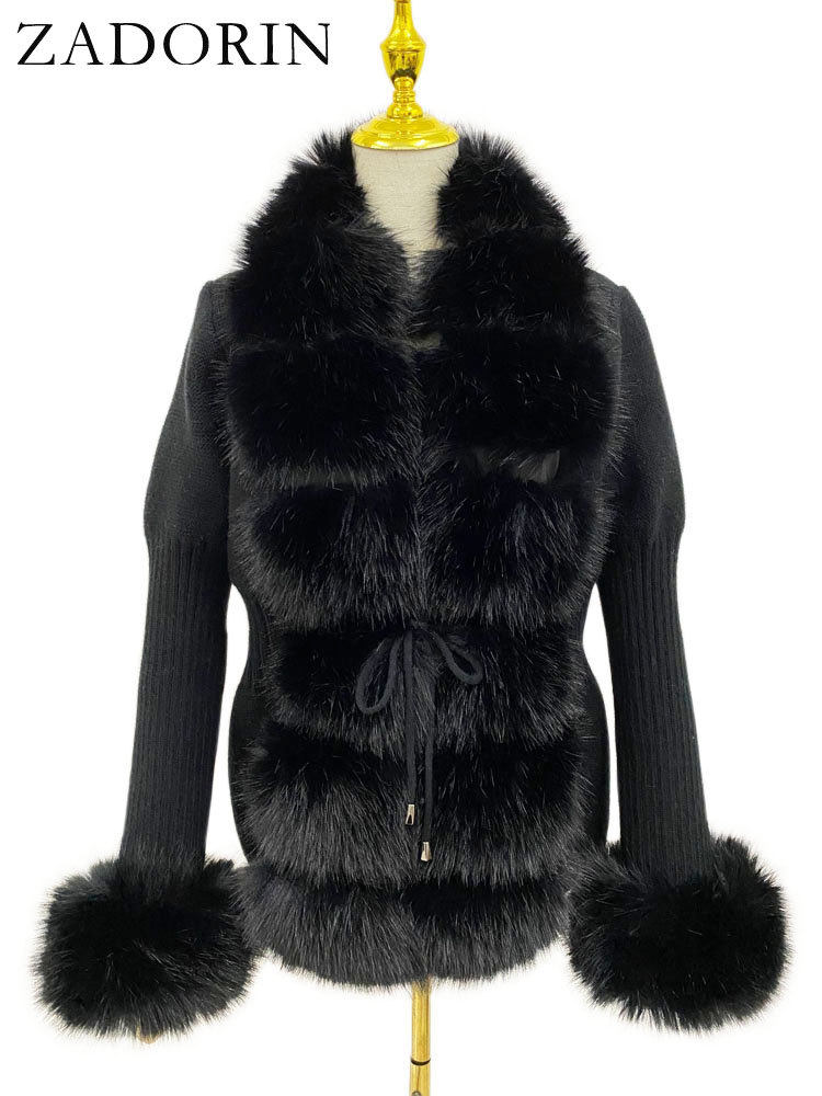 ZADORIN 高級毛皮カーディガンニット冬のセーターの女性のエレガントな取り外し可能な毛皮ベルト白ピンク黒レディースカーディガン韓国スタイル