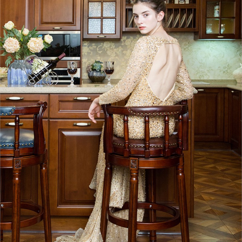 ArtisticLife-미국 단단한 나무 바 의자, 유럽식 등받이 높은 의자, 가벼운 럭셔리 레트로 가죽 회전 바 의자