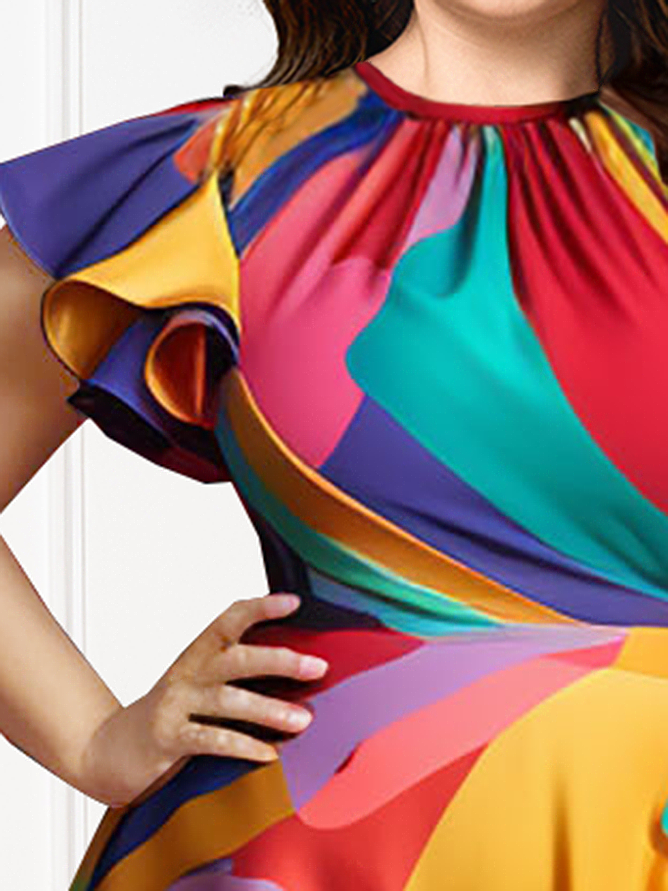 プリーツ A ライン フリル プロムドレス プラスサイズ マルチカラー ラウンドネック 花びらスリーブ 半袖 エレガント スイート サテン ミディドレス