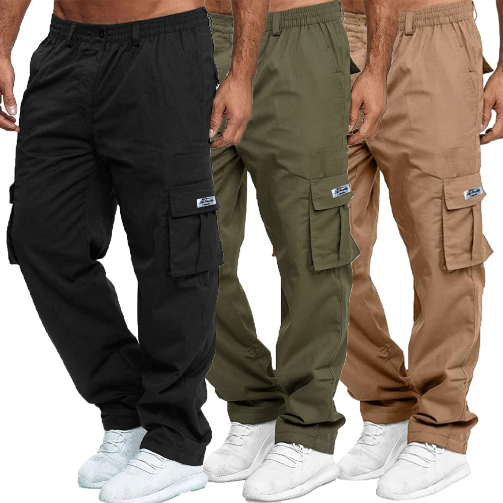 Calças de carga masculinas sweatpants ao ar livre solto em linha reta calças compridas verão casual multi-bolso durável workwear calças masculinas
