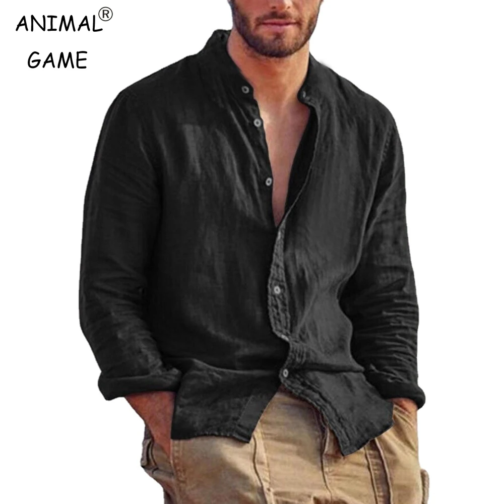 Camicia a maniche lunghe da uomo in lino tinta unita camicie tendenza colletto alla coreana top casual leggeri e traspiranti camicia hawaiana