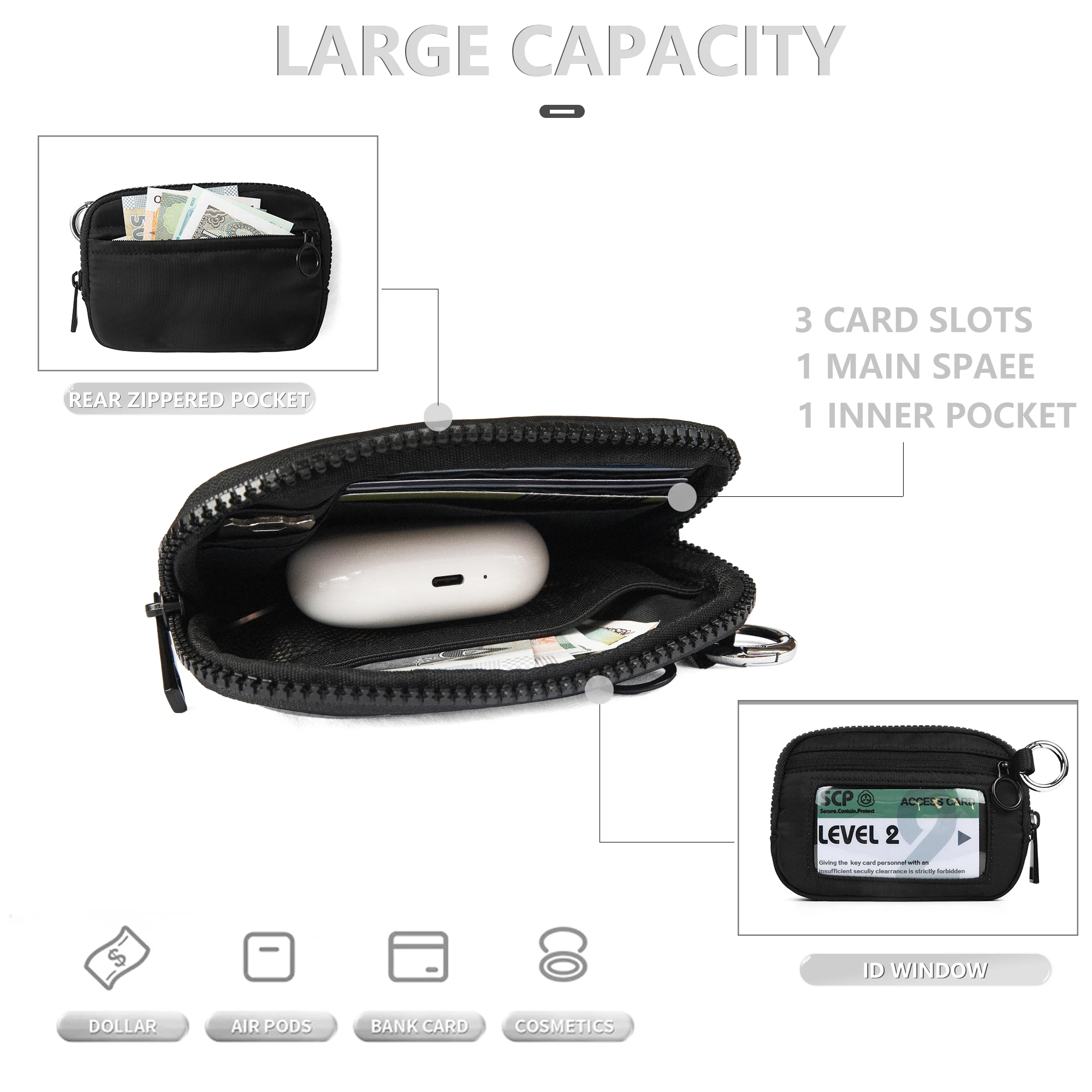 Women's Keychain Wallet The Iris Wallet Zip Waterproof Nylon Card Wallet Pouch Wristlet Zip Card Case with Clear ID Window