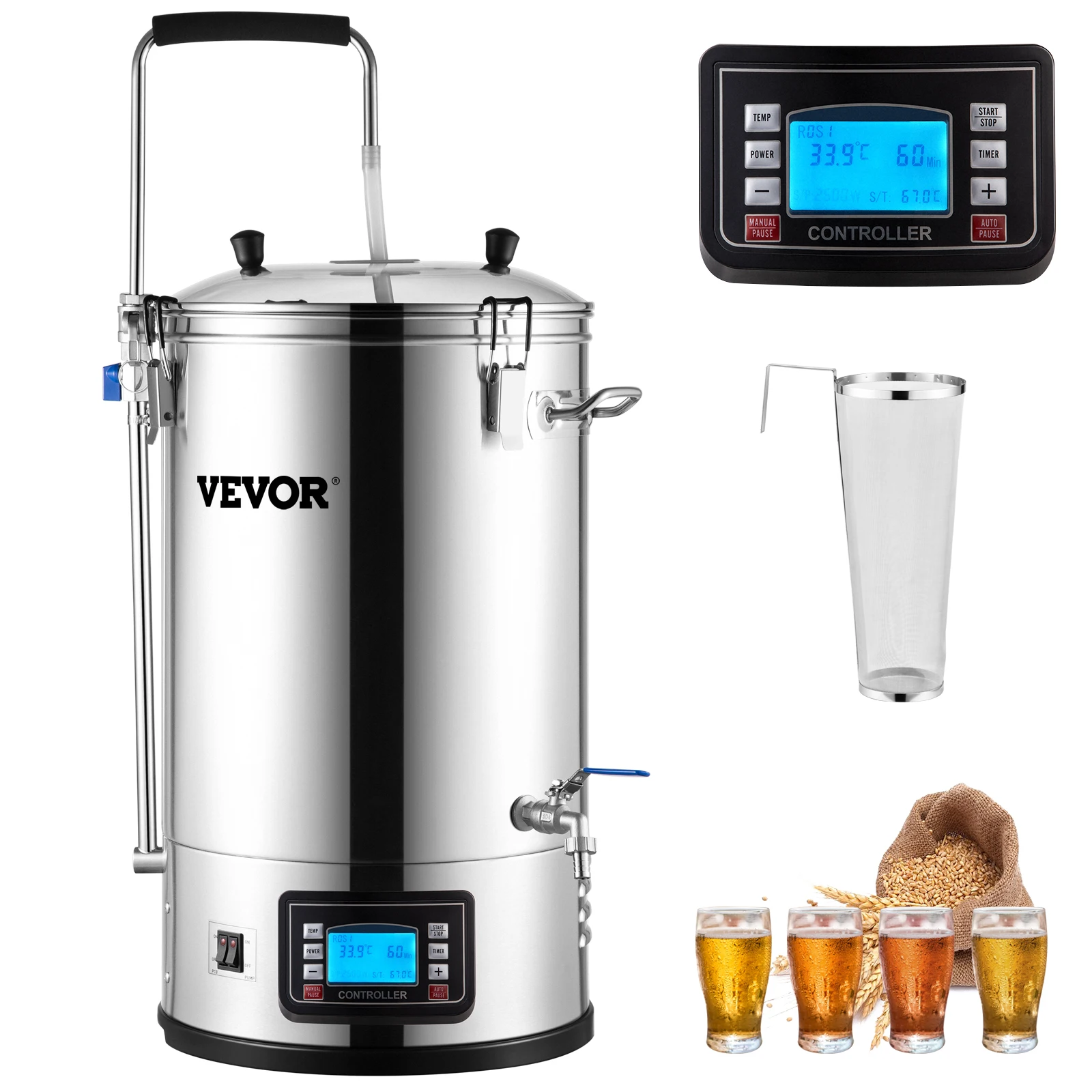 VEVOR Elektrisches Brühsystem, 35 l Brühtopf, All-in-One Bierbrauer mit Pumpe, Kochgerät mit Panel, Auto/Manueller Modus 100-1800 W Leistung 25-100 ℃ Temperatur 1-180 Min Timer Rezeptspeicher