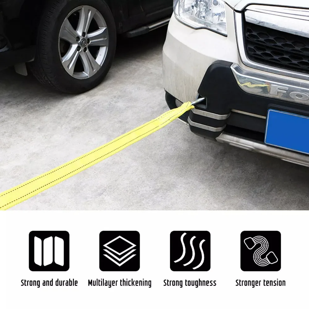 Cable de remolque de coche de 4M, correa de tracción de grosor doble para remolque de alta resistencia de 5 toneladas con cuerda de gancho para pila de transporte de recuperación de vehículos