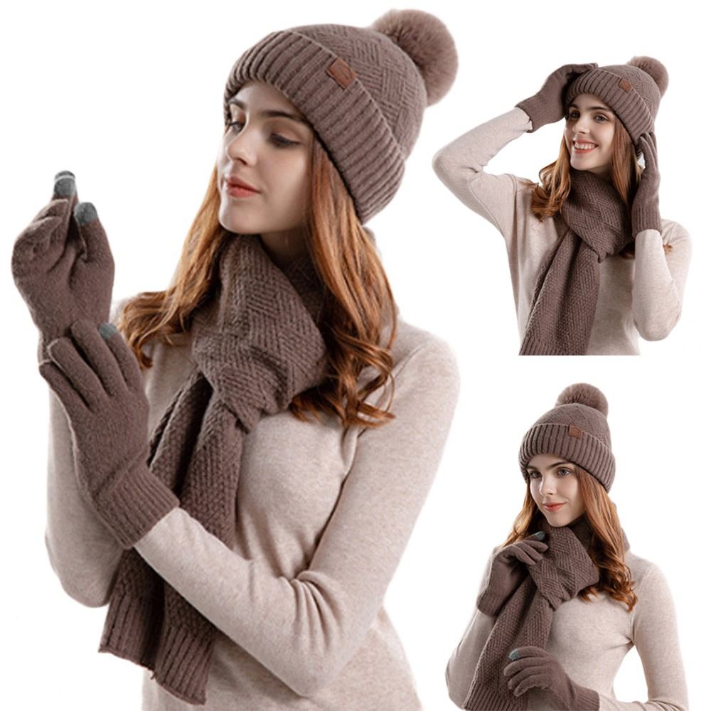 3Pcs/Set Winter Touchscreen Knitted Hat Neck Protection Warm Scarf Gloves Set Windproof Outdoor Beanies Hat Men Women