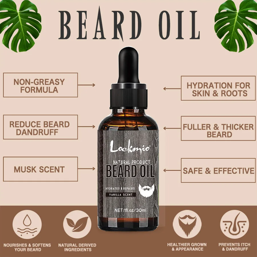 LOCKMIO naturalny olejek do brody dla mężczyzn zapach waniliowy nawilża naprawia wzrost korzeni brody pełniejsza grubsza pielęgnacja stylizacji