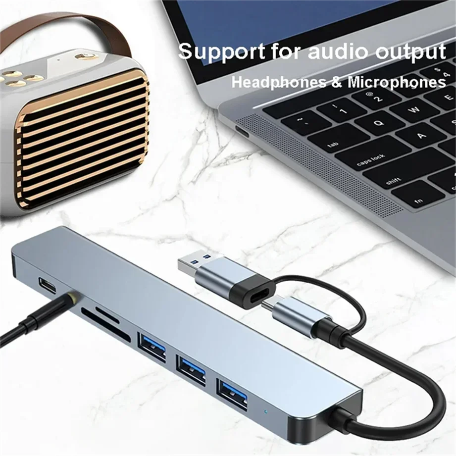 Adaptador USB 3,0 tipo C, estación de acoplamiento, puerto USB 2,0, lector de tarjetas SD TF, salida de Audio, divisor multihub para ordenador Macbook Pro