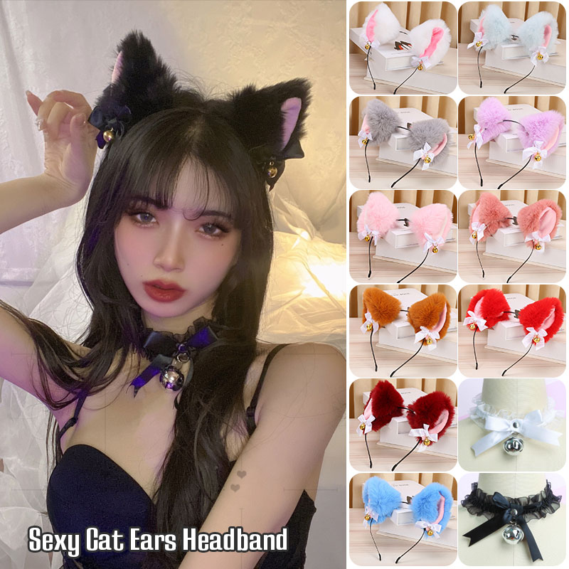 Peluche lapin Sexy oreilles de chat bandeau pour femmes filles dentelle arc collier en peluche cloche bandeau Cosplay mascarade-fête Costume cheveux