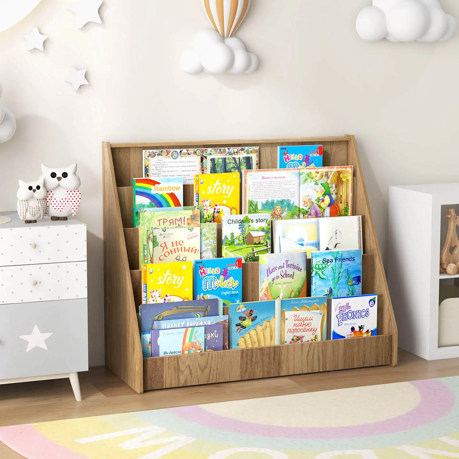 5 Tier Kids Bookshelf w/Anti-Tipping Device Kids-friendly Height for Bedroom