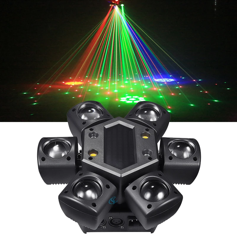 80 Вт RGB светодиодный луч с подвижной головкой, мини-светильник с шестью рычагами, сценический вращающийся эффект, пульт дистанционного управления, DJ, дискотека, вечеринка, лампа