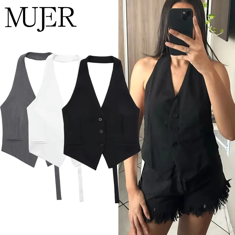 MUJER Schwarz Weiß Ärmellose Weste Frauen schulterfrei Abgeschnittene Westen für Frauen Weste Neckholder Weste Top Frauen Mode Weste Frau
