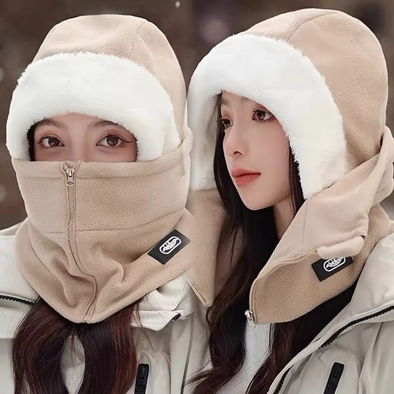 Winter Warm Integrated Plush Hat Outdoor Cycling Fleece Zipper Design Adjustable Windproof Mask Cycling Protective Equipment