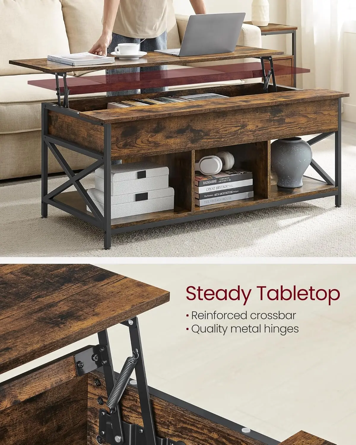 VASAGLE Coffee Table, Lift-Top Table Coffee Table for Living Room, Coffee Table with Open and Hidden Storage, X-Shaped Bars