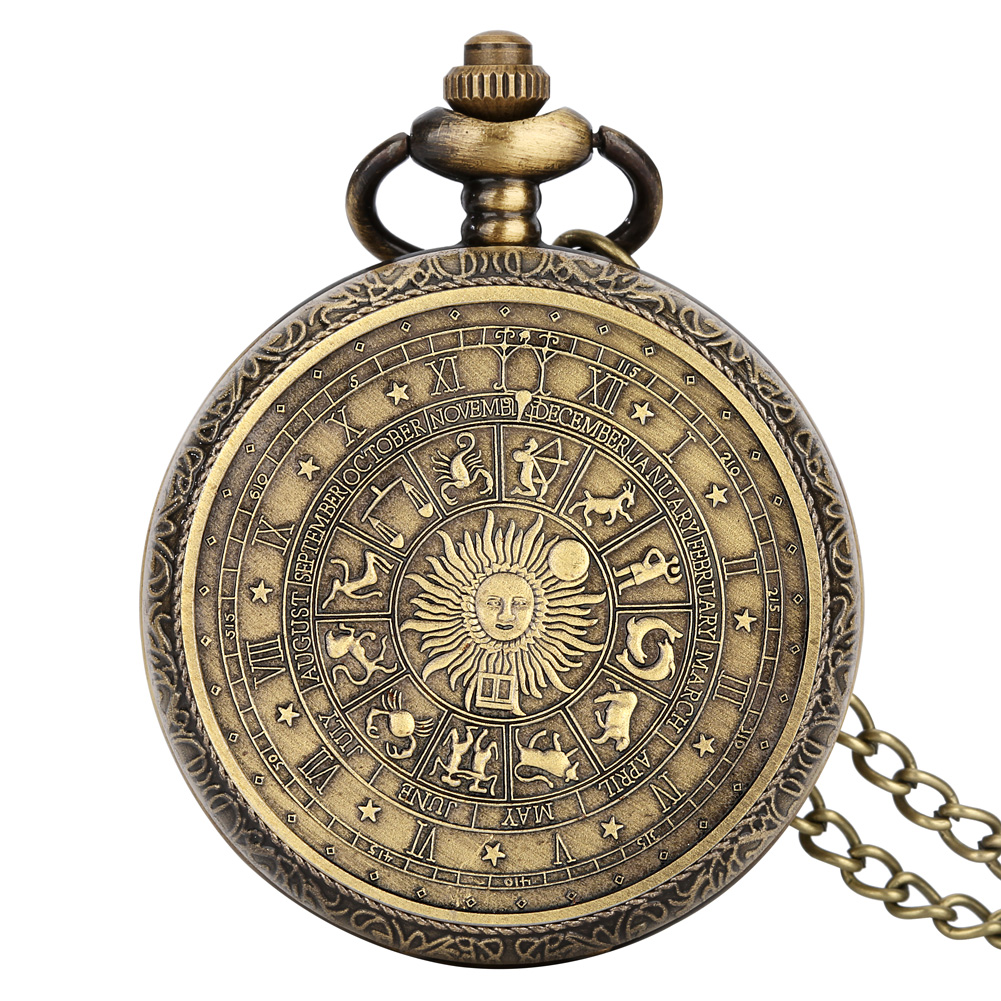 Bronze Vintage Tarot Commemorative Pattern Pocket Watch Constellation Lucky Sun Moon Necklace Memorial For Male Kids Relogio Saa