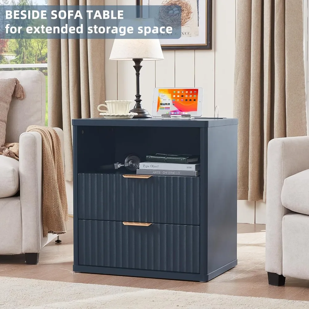 Fluted Nightstand with Charging Station, 23" Wide 2 Drawers End Table, Blue Night Stand with Open Storage Cabinet,Farmhouse Bed