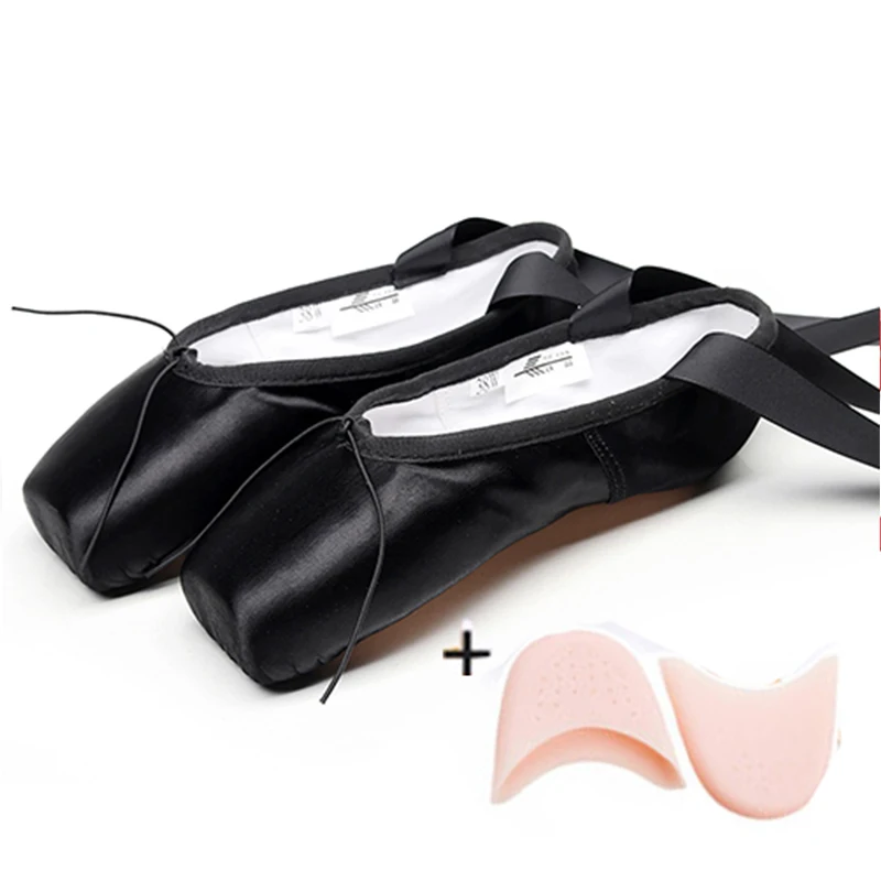 Zapatos de punta vendaje Ballet danza chica mujer profesional lona/caile satinado con esponja almohadillas de silicona para los dedos del pie