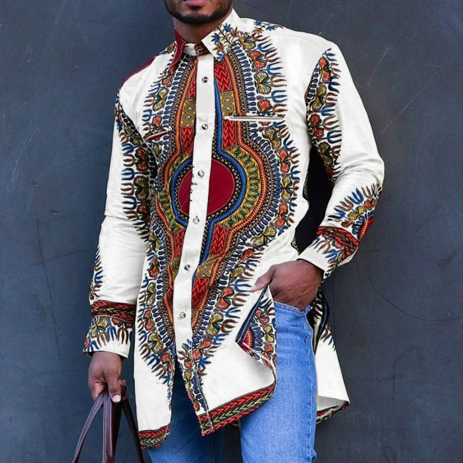 2025 roupas masculinas gola dourada impressão camisa de manga longa na moda hip hop áfrica roupas casuais estilo étnico meados de comprimento topo