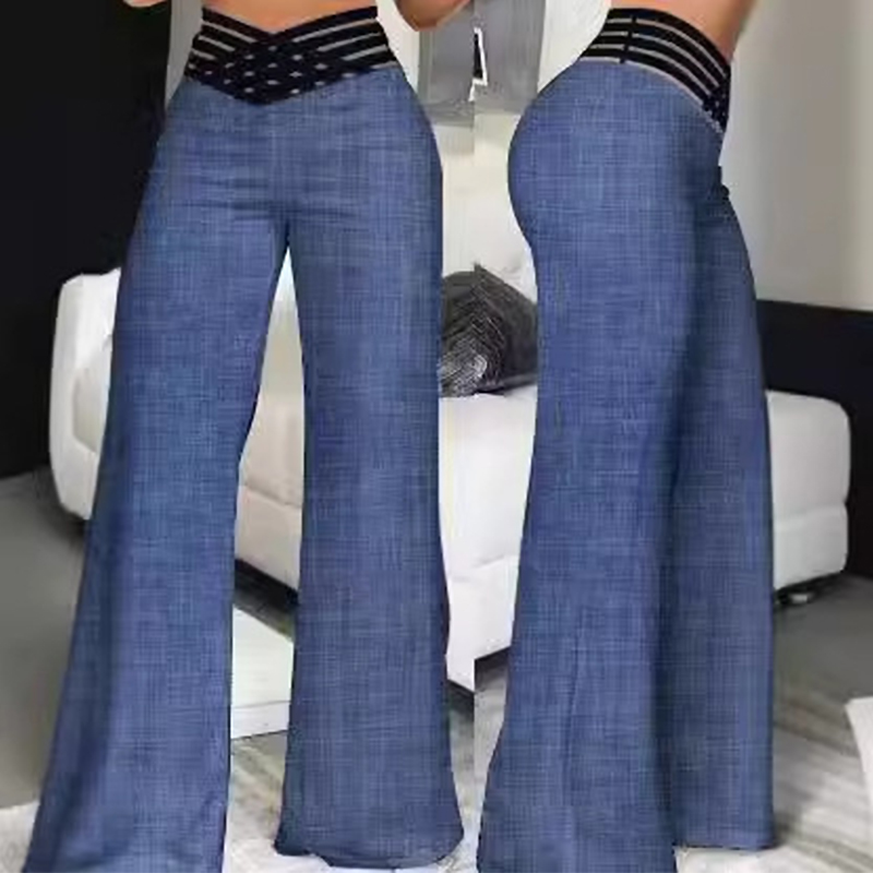 Mulheres perna larga queimado calças outono casual cruzado pura malha remendo calças de cintura alta y2k streetwear elegante calça de trabalho