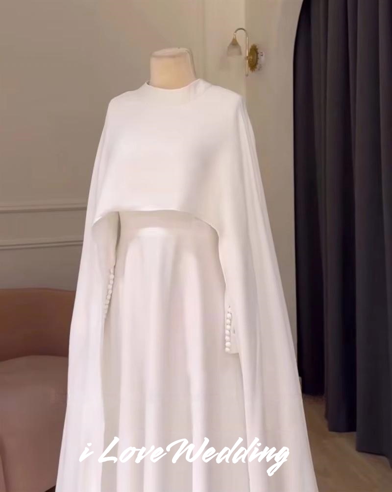 White O-Neck Wedding Dress 2025 Shawl Long Sleeve Button A-Line Saudi Arabia Sweep Train Muslim Floor-Length Pleated Customized