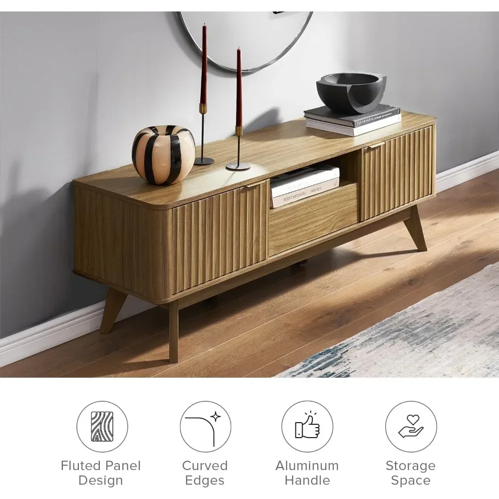Brooklyn Mid-Century Modern TV Stand, for TVs up to 50” Waveform Panel, Sleek Curved Profile with Adjustable Shelf and Stu