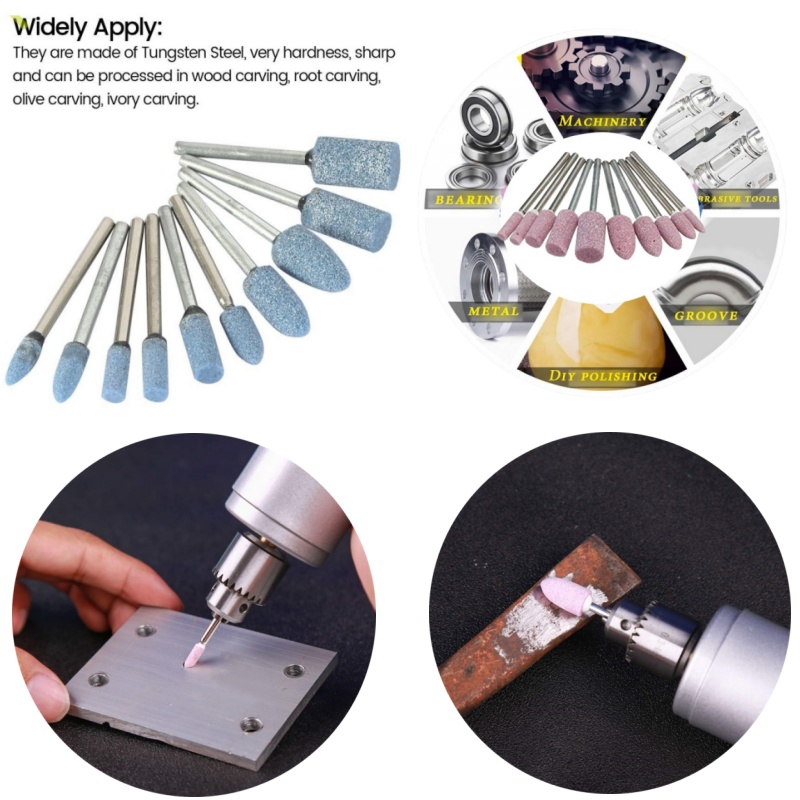 Cabeça de polimento de pedra montada abrasiva, brocas de lixa de roda de pedra de moagem, haste de 3mm para acessórios de ferramenta elétrica rotativa dremel com 10 peças