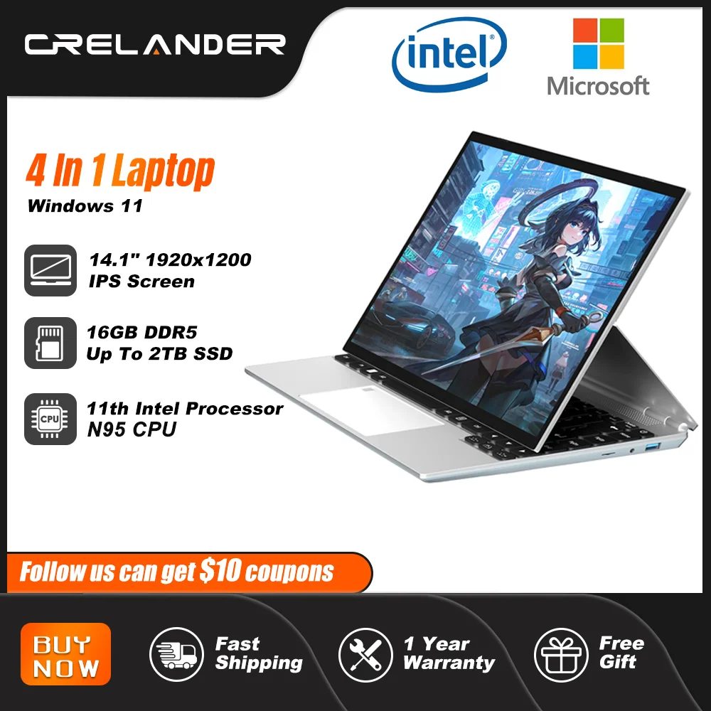 CRELANDER 4 in 1 Laptop 14 Zoll Touchscreen Celeron N95 16 GB Ram Windows 11 Tablet PC Notebook Computer für Studentenunternehmen
