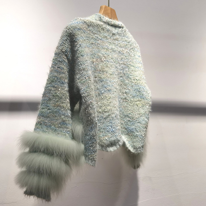 2024 新フォックスファートリムカーディガン長袖秋のファッションショートセーター女性紫カーディガン