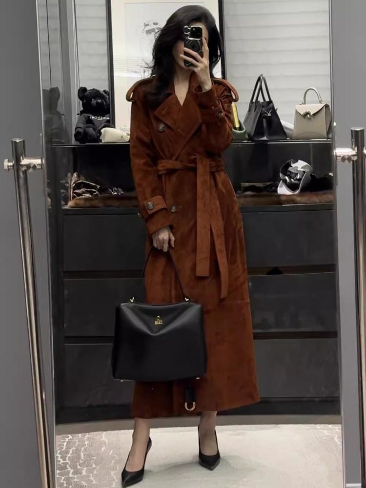 Italiaanse luxe dames lange echte koe suède leren jas met dubbele rij knopen en riem OL werk windjack geul lederen jas