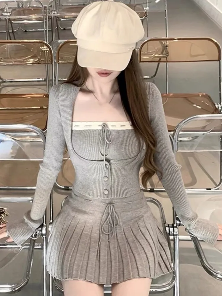 Y2k 甘い衣装女性ソリッドニットクロップドパッチワークベスト + スリムカーディガン + ミニプリーツスカート春韓国シックな 3 点セット