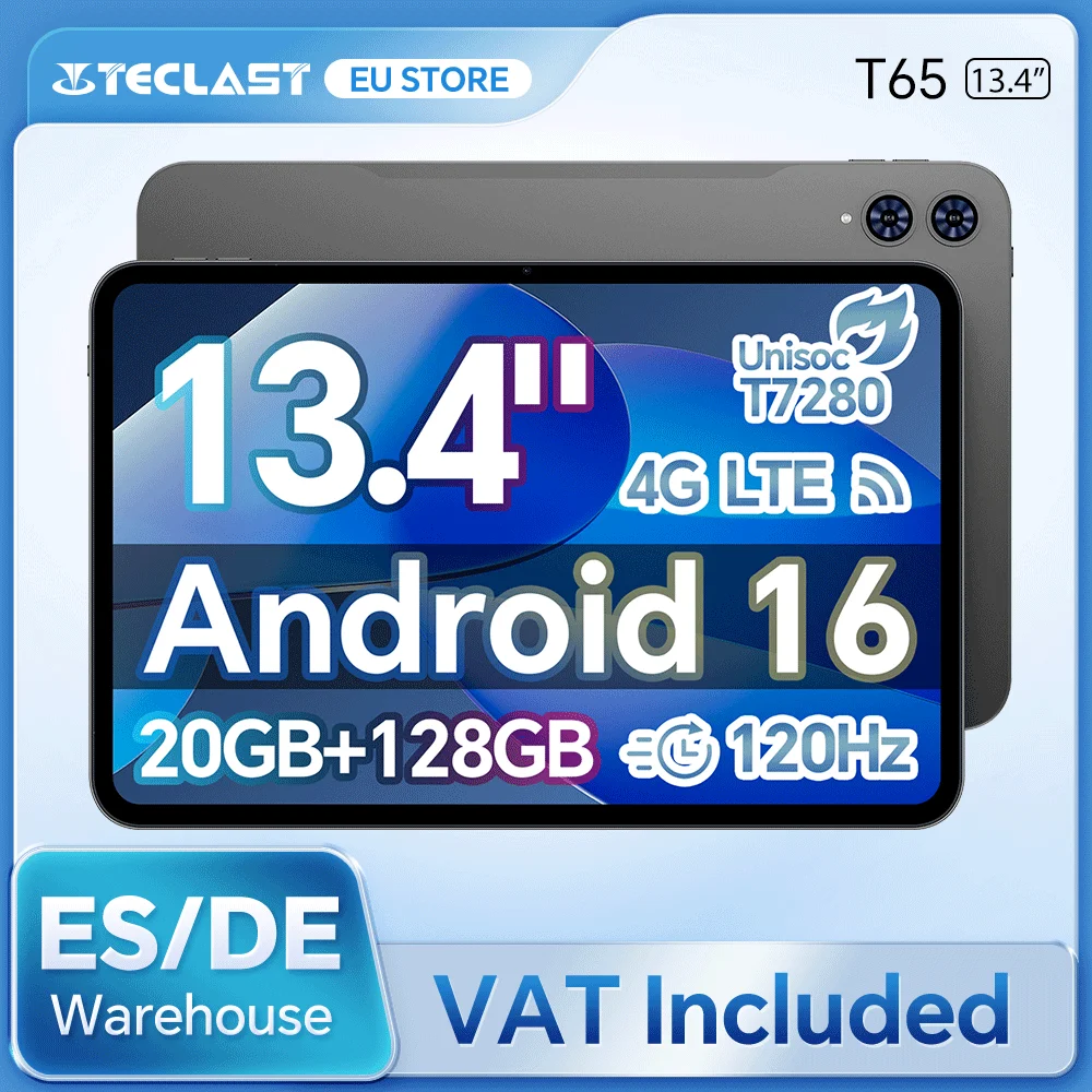 Teclast T60 Tableta de 12 pulgadas Android 14 2000x1200 T620 8 Core CPU Max 20GB RAM 256GB ROM 4G LTE tipo C 8000mAh Widevine L1