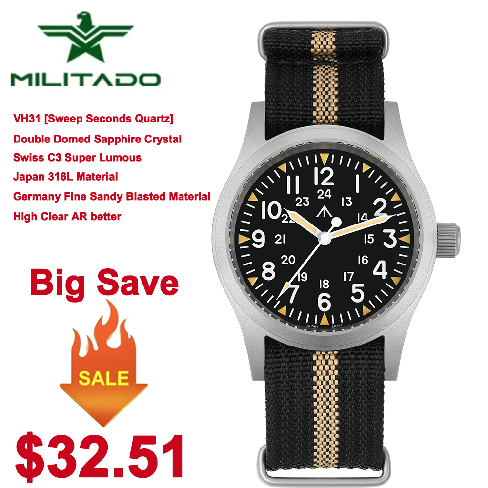 Militado ML05 38 мм военные полевые часы VH31 с куполообразным сапфировым стеклом водонепроницаемые 100 м супер светящиеся часы