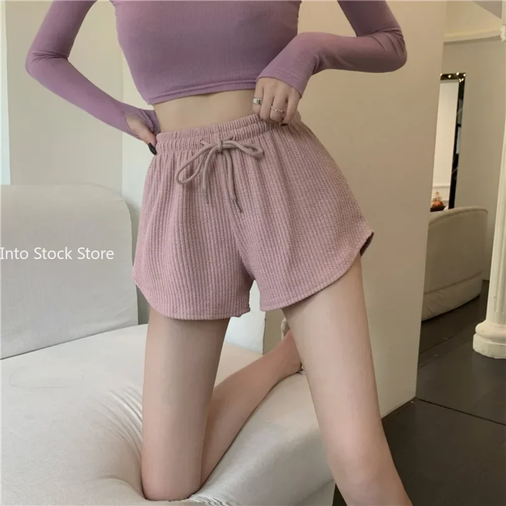 여성 반바지 여름 높은 탄성 레이스 업 Drawstring 넓은 다리 땀 짧은 피트니스 러닝 반바지 루즈 캐주얼 대형 스포츠 바지