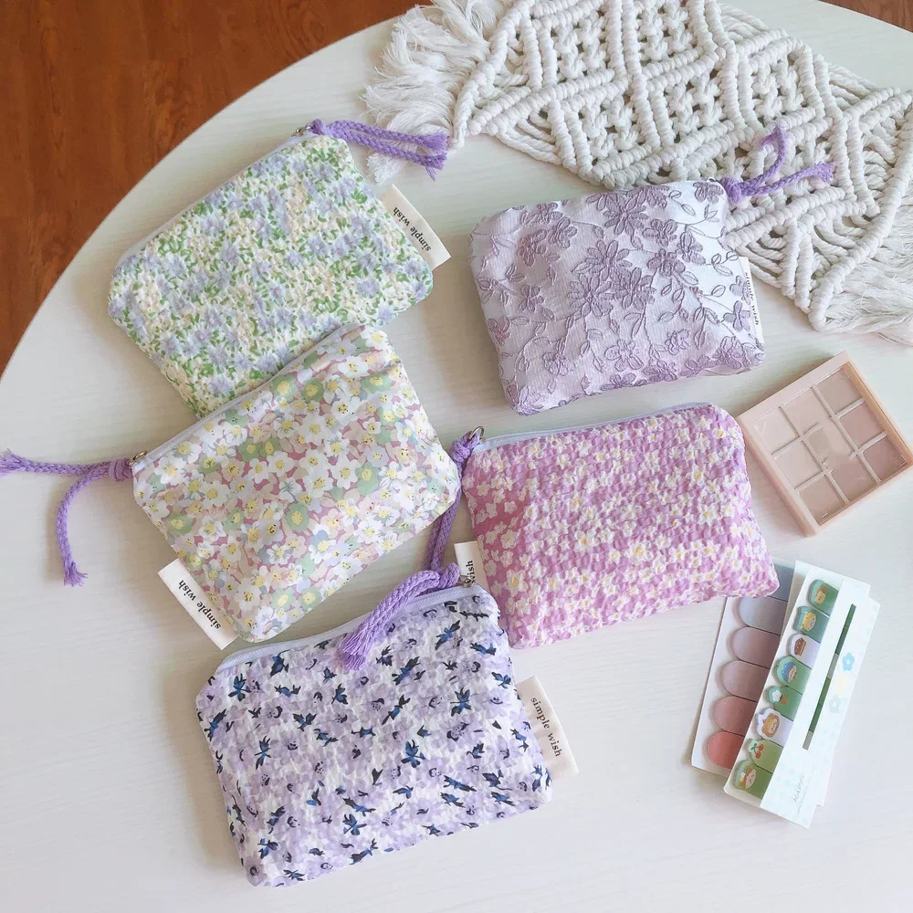 Kleine Kosmetik-Make-up-Tasche, Mini-Organizer aus Baumwolle mit Blumenmuster für Damen, Lippenstift-Make-up-Etui für Kinder, kleine Geldbörse, Münzfach