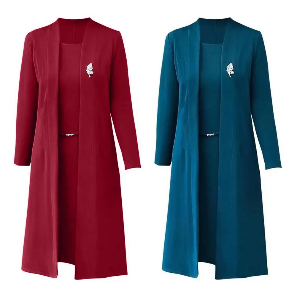 Terno de escritório feminino moda blazer terno simples sólido 2022 primavera verão frente aberta longo cardigan topo + vestido 2 peça conjunto blazer
