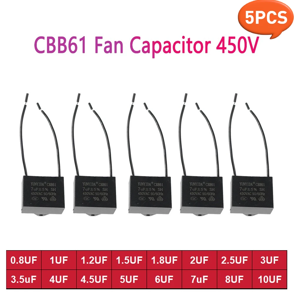 5PCS Hochwertiger CBB61 450V Lüfterkondensator 0,8/1/1,2/1,5/1,8/2/2,5/3/3,5/4/4,5/5/6/7/8/10 UF für Deckenventilatoren