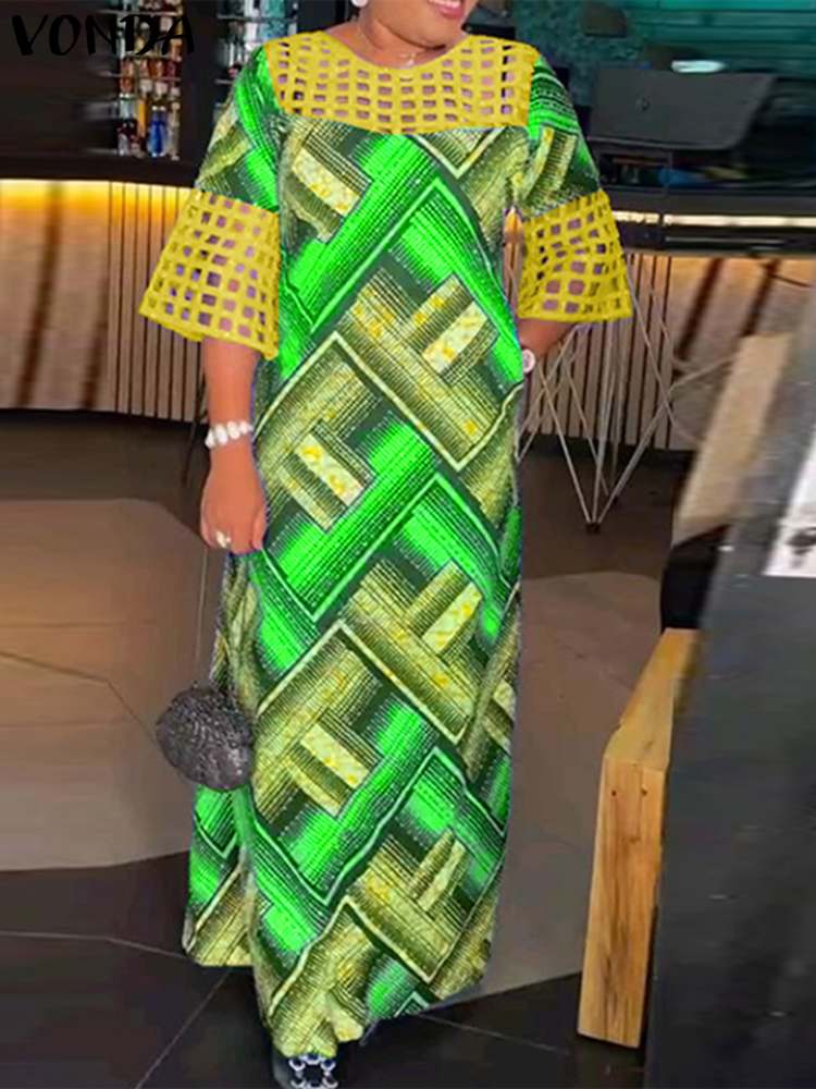 Vonda-ボヘミアンプリントの女性用ドレス,フレアスリーブ,レースパッチワーク,カジュアル,サマーパーティー,2022, 2024