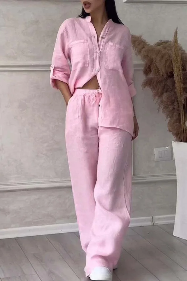 Frühling Herbst Baumwolle Leinen Langarm-shirt + Lange Hosen Zwei-stück Set Frauen Casual V-ausschnitt Hemd Kordelzug Breite bein Hose Anzug