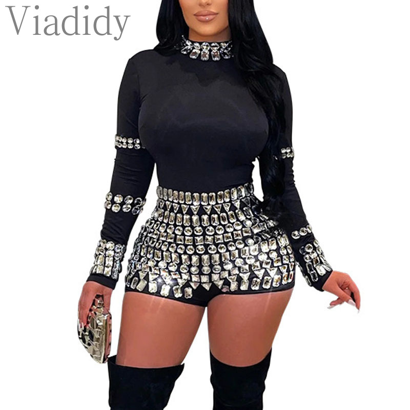 Women Casual Solid Color Long Sleeve Rhinestone Decor Bodycon Skinny Playsuits