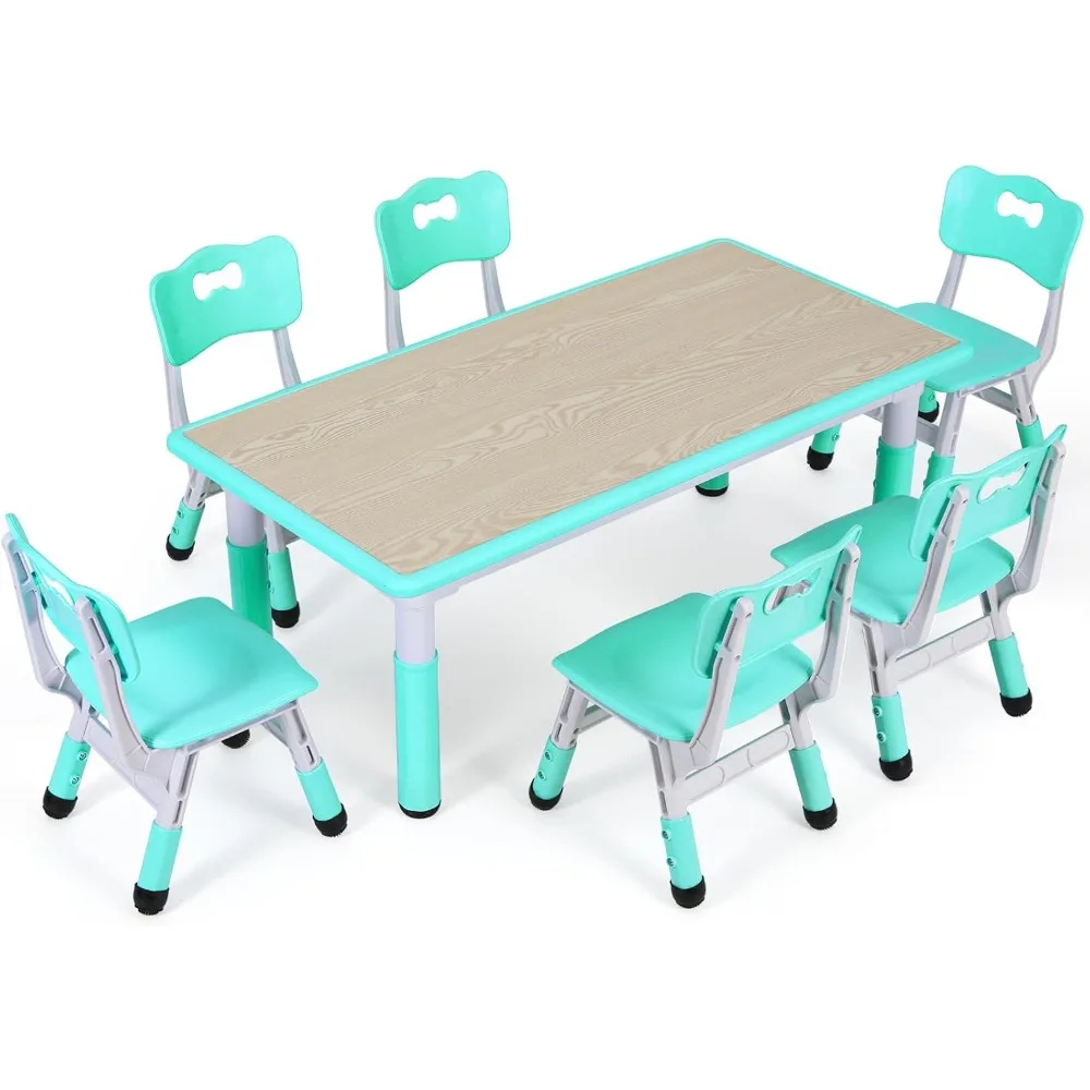 Kids Table and 6 Chairs Set, Height Adjustable Graffiti Table, Preschool Activity Art Craft Table, for Daycare Classroom