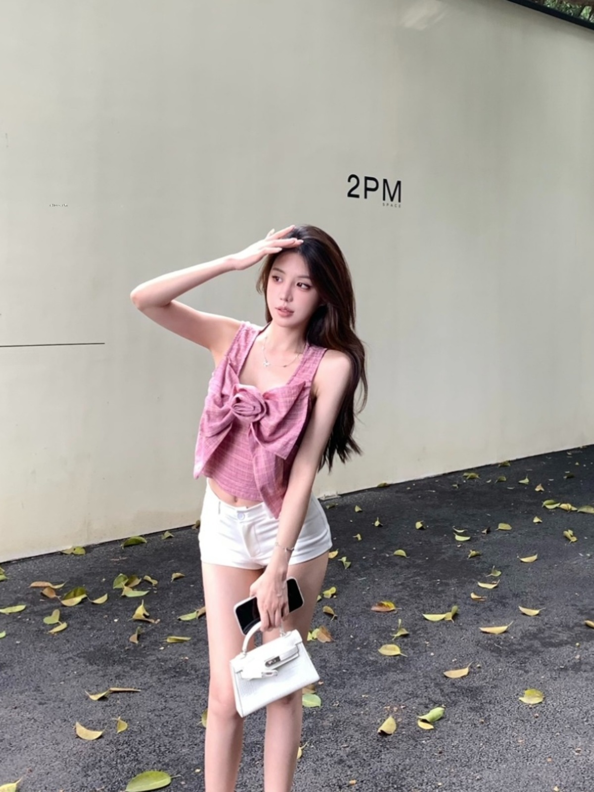 夏ショートレディースベストピンク 3D ラージボウタイアウターレトロチェック柄ストラップトップファッショナブルカジュアル通気性軽量