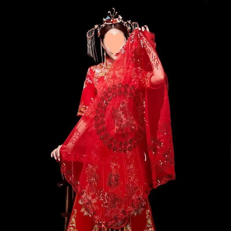 เจ้าสาว Headpiece ดอกไม้ชุดหลักสไตล์จีน Xiuhe สีแดงฝาครอบกึ่งโปร่งใส Veil Hijab อุปกรณ์เสริม Retro