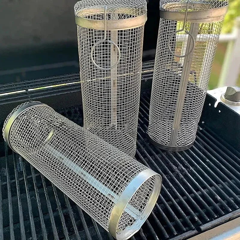 Edelstahl BBQ Grill Korb Draht Mesh Zylinder Tragbare Runde Grill Korb Grill Rack Outdoor Camping Begasungsgerät lecker