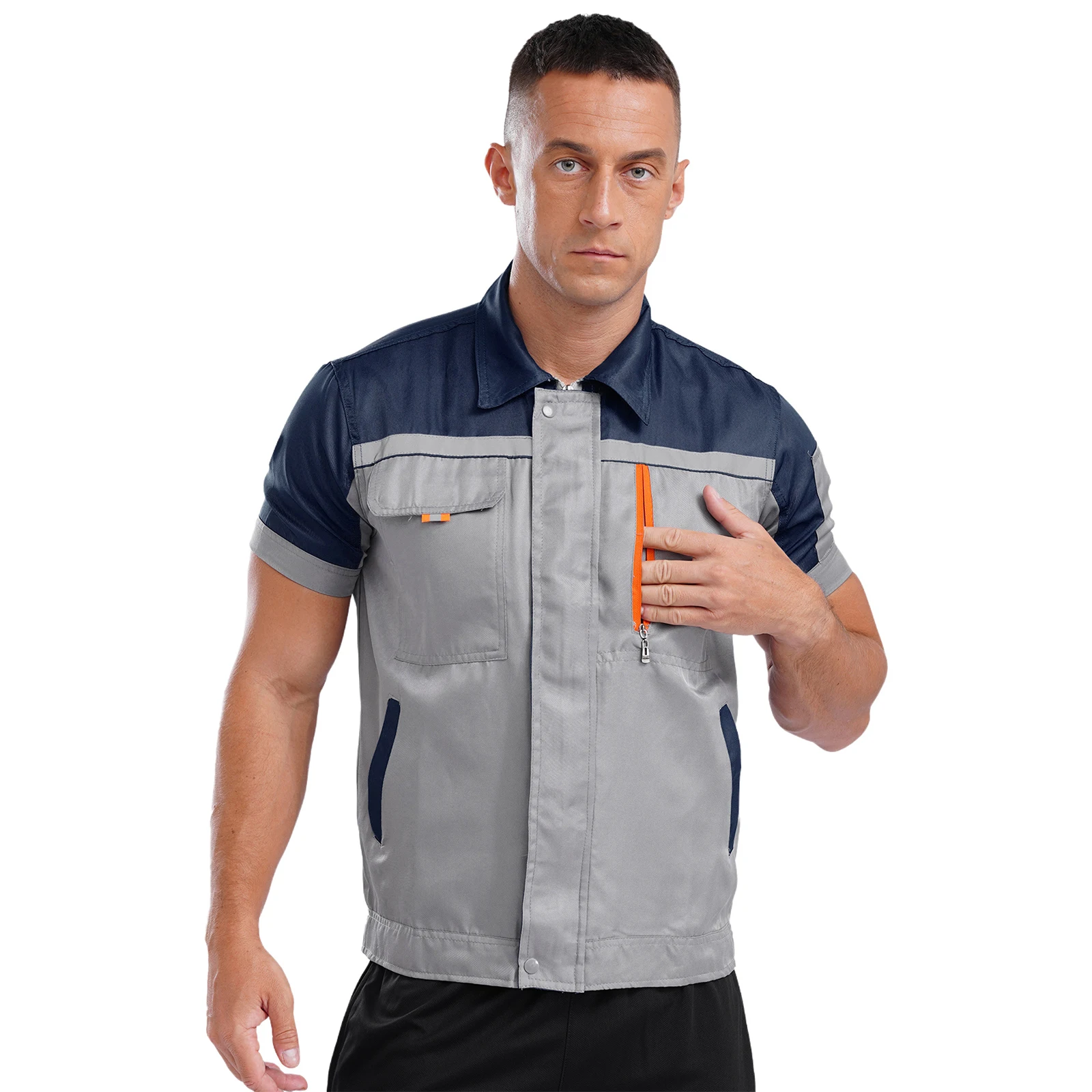 Herren Fabrik Werkstatt Arbeitswerkstatt Mechaniker Uniform Jacke Tops mit Taschen Kurzarm Reißverschluss Oberbekleidung Hemd Tops Arbeitskleidung