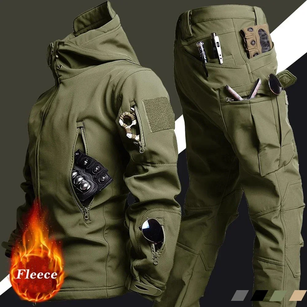 Conjuntos de roupas de trabalho masculino inverno eua terno ao ar livre tático à prova de vento impermeável multi-bolso jakcet casca macia com capuz pele de tubarão