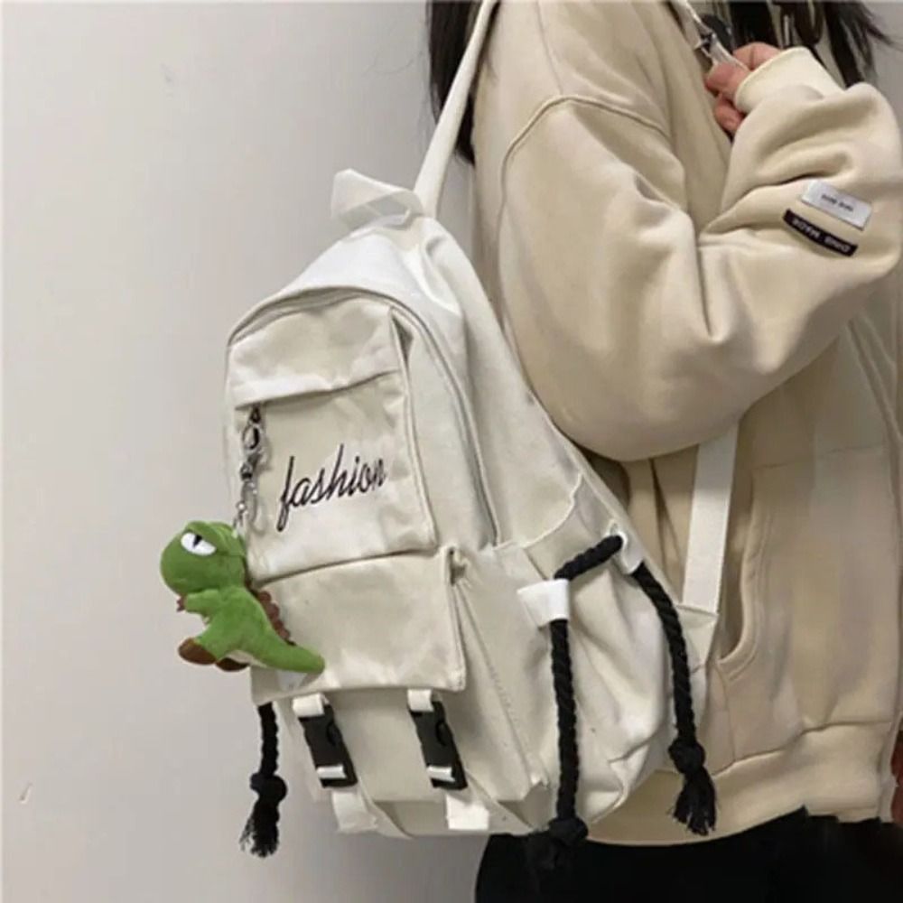 Women's Korean Version Canvas Schoolbag Men's Casual Solid Color Backpack Travel School Shoulder Bag