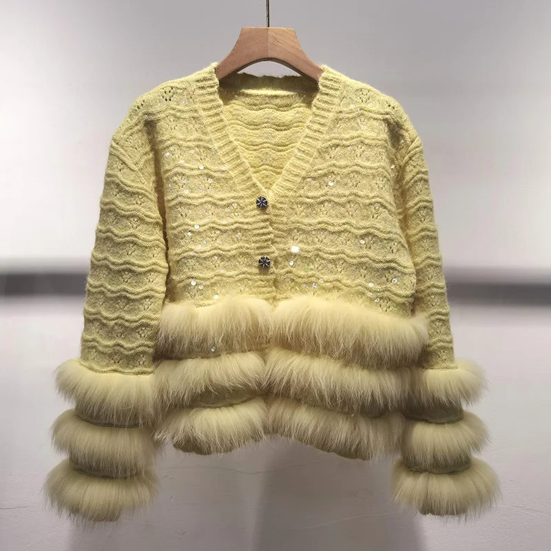 2024 neues Design Herbst gestrickte Strickjacken mit echtem Fuchs pelz Streifen V-Ausschnitt Echtpelz besatz Pullover