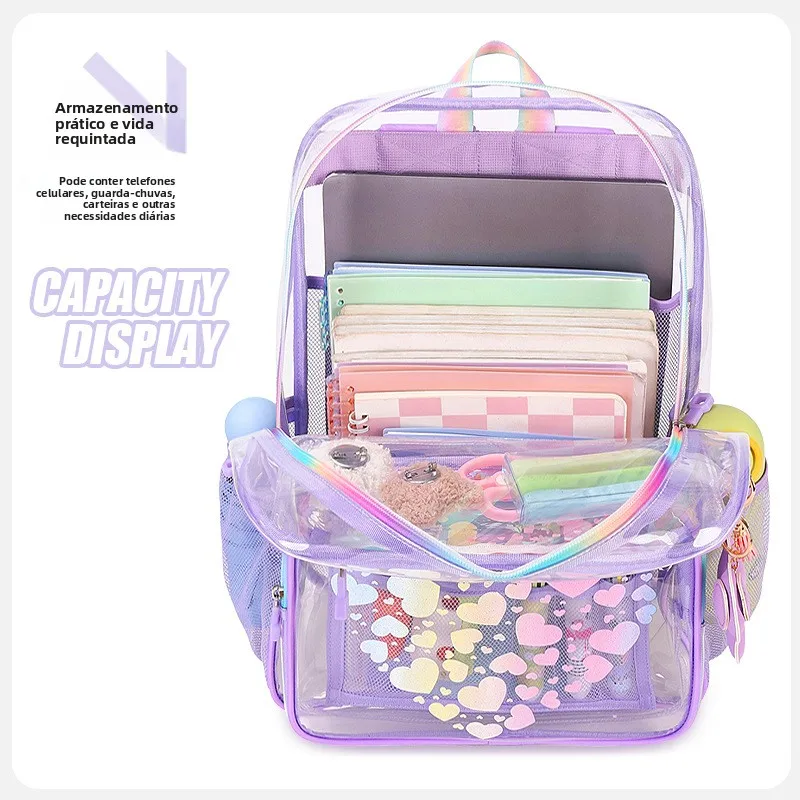 Mochila Transparente Estilosa com Estampa de Desenho Animado para Als do Ensino Fundamental e Médio, Mochila de Ombro Dupl...