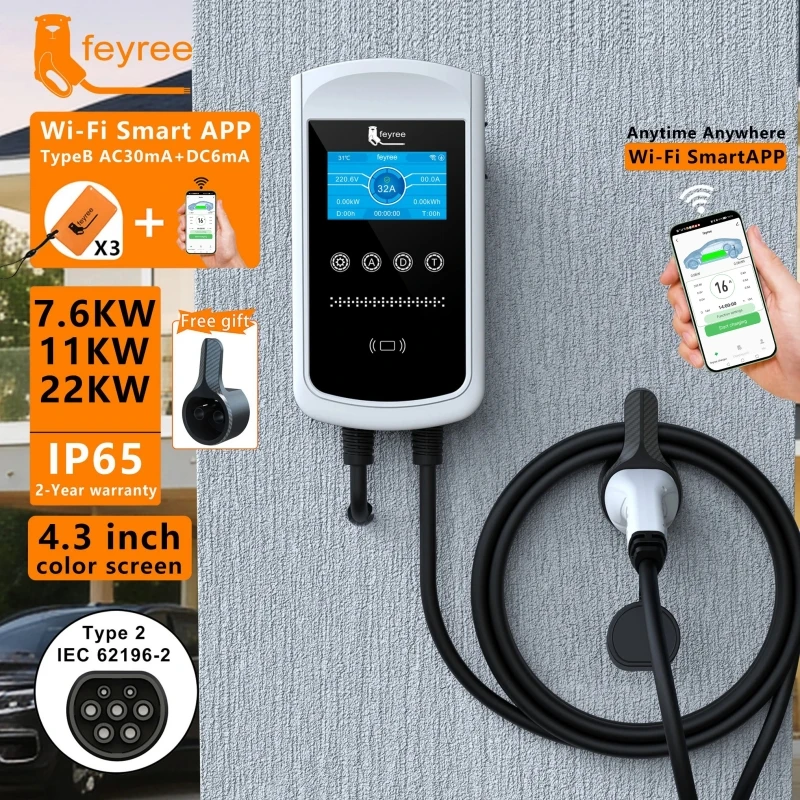 feyree 22KW 32A Type2 Ładowarka EV 11KW 3P EVSE Wallbox 7.6KW 1P 4.3inch Ekran Nowa inteligentna stacja ładująca APP Control Ładowarka samochodowa