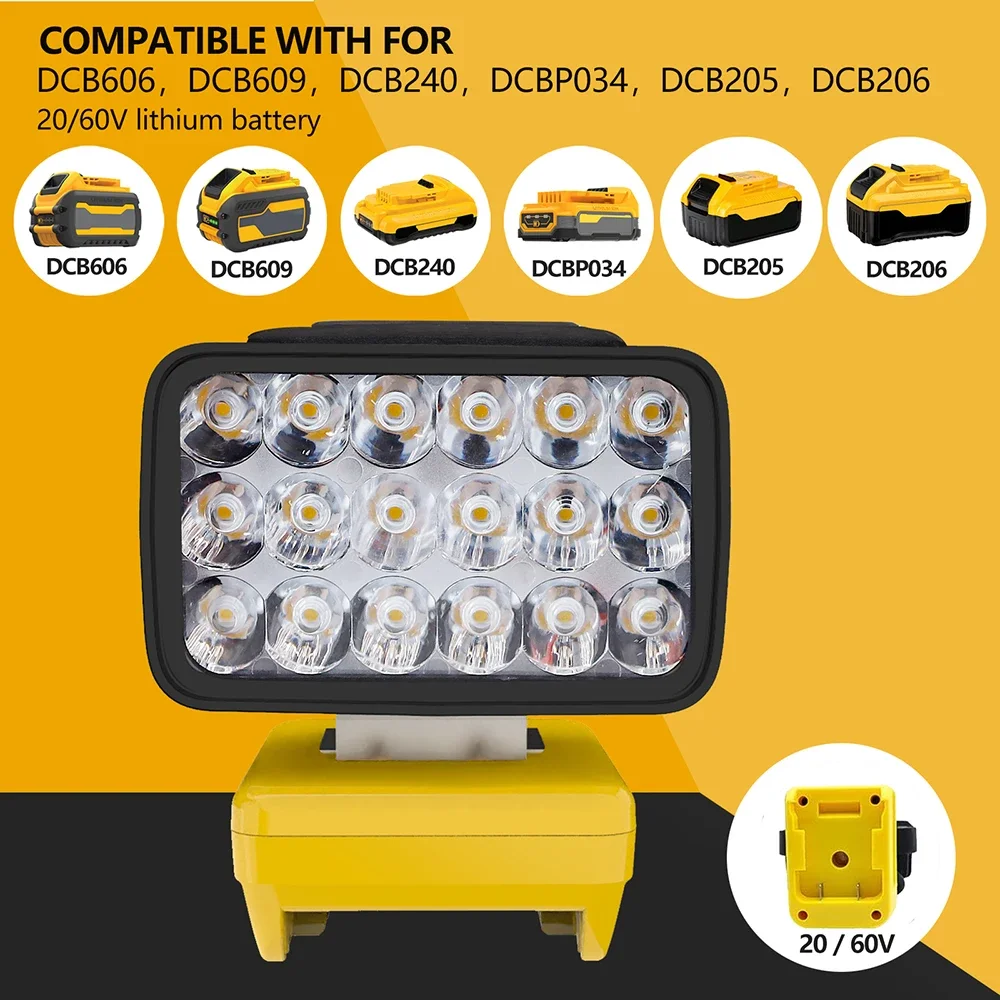 18 LED Car Work Lights Portable Lanterns Flashlights Electric Torch Spotlights Lamp For Dewalt 18V 20V 60V Li-ion Battery DCB200