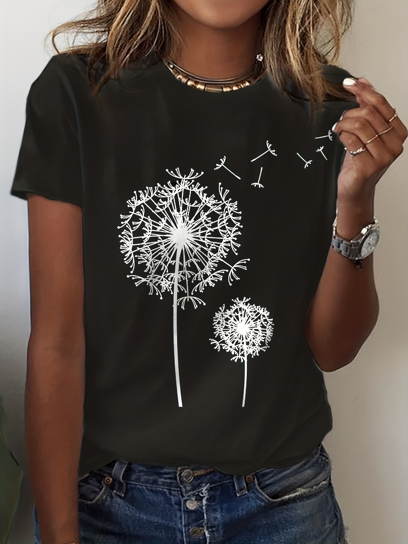 タンポポプリント クルーネック Tシャツ カジュアル半袖トップス 春夏用 婦人服